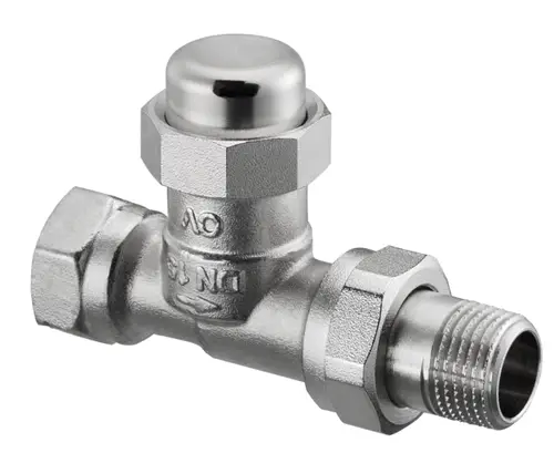 Rücklaufverschraubung aus Messing, vernickelt, mit einem Durchgang und Gewindeanschlüssen. Oventrop-Produkt, geeignet für Rohrleitungen und Heizungsinstallationen.